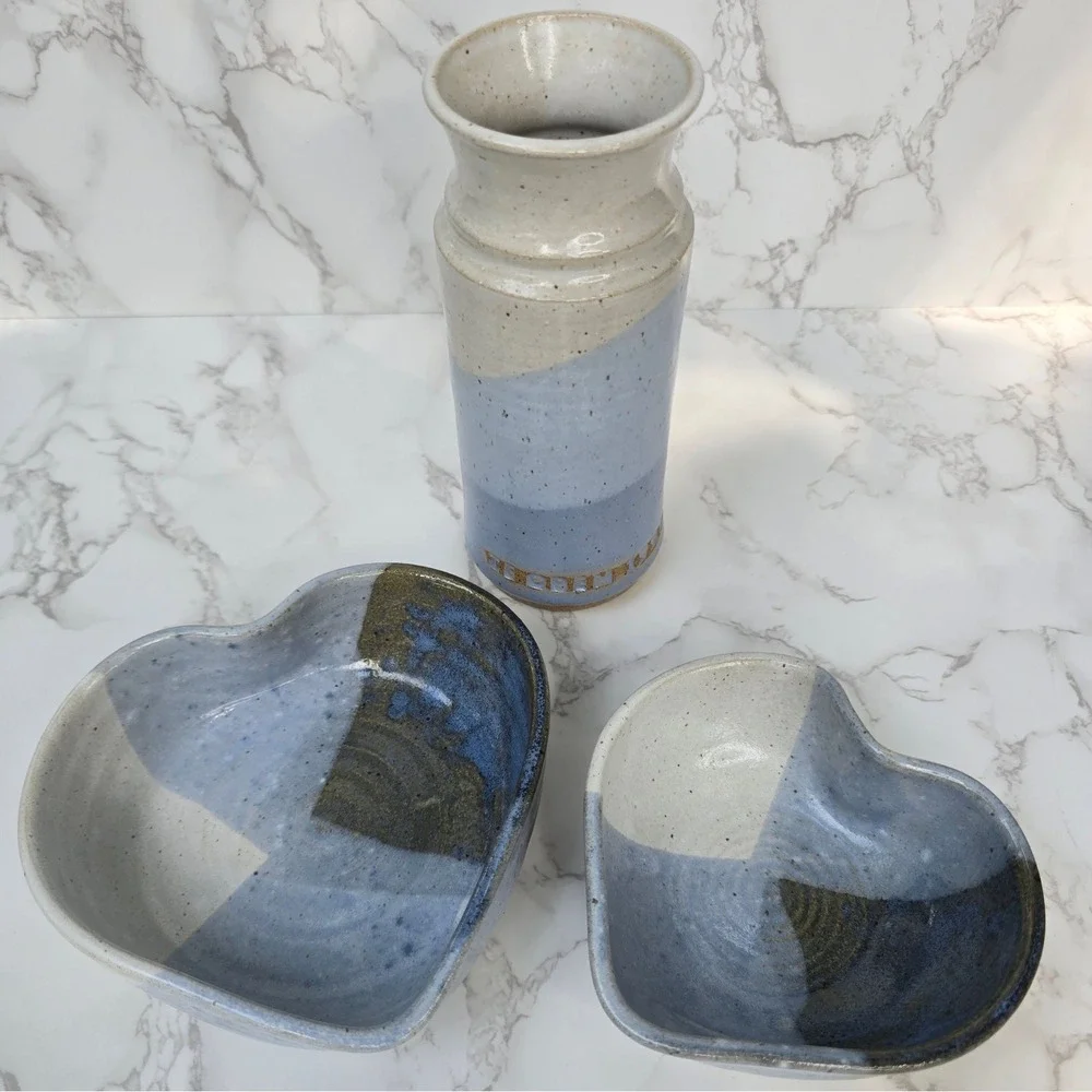 Studio Pottery Blue Glazed Vase and Heart Bowls Set Signed Artisan Stoneware